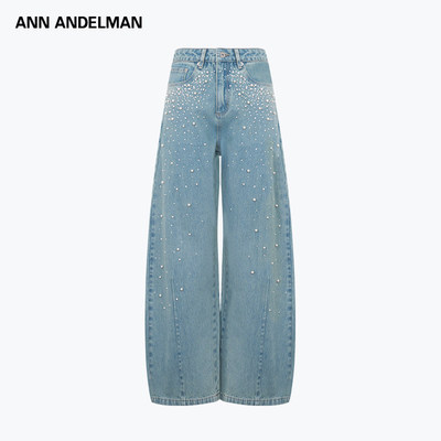 【明星同款】ANN ANDELMAN弯刀阔腿裤闪钻珍珠水洗做旧牛仔裤