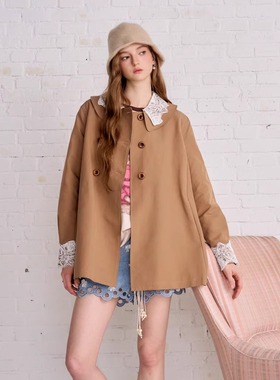 Aimme sparrow25FW 卡其色蕾丝边双排扣风衣