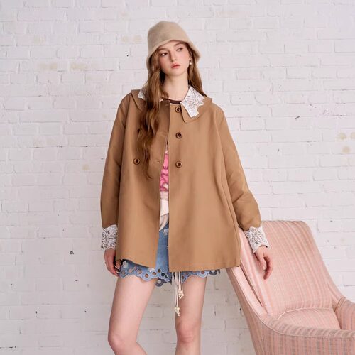 Aimme sparrow25FW 卡其色蕾丝边双排扣风衣