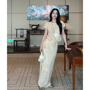 套装 Piacevole 3D立体小玫瑰羊驼毛混纺手工钉花针织短袖 FW25