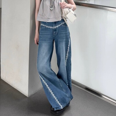 palavas白鹿同款海岛嬉皮士蕾丝牛仔裤慵懒阔腿牛仔裤显瘦原创