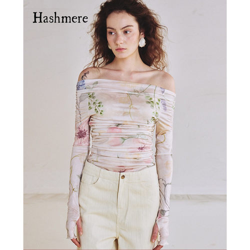 Hashmere 露肩上衣弹力亲肤柔软褶皱一字肩打底