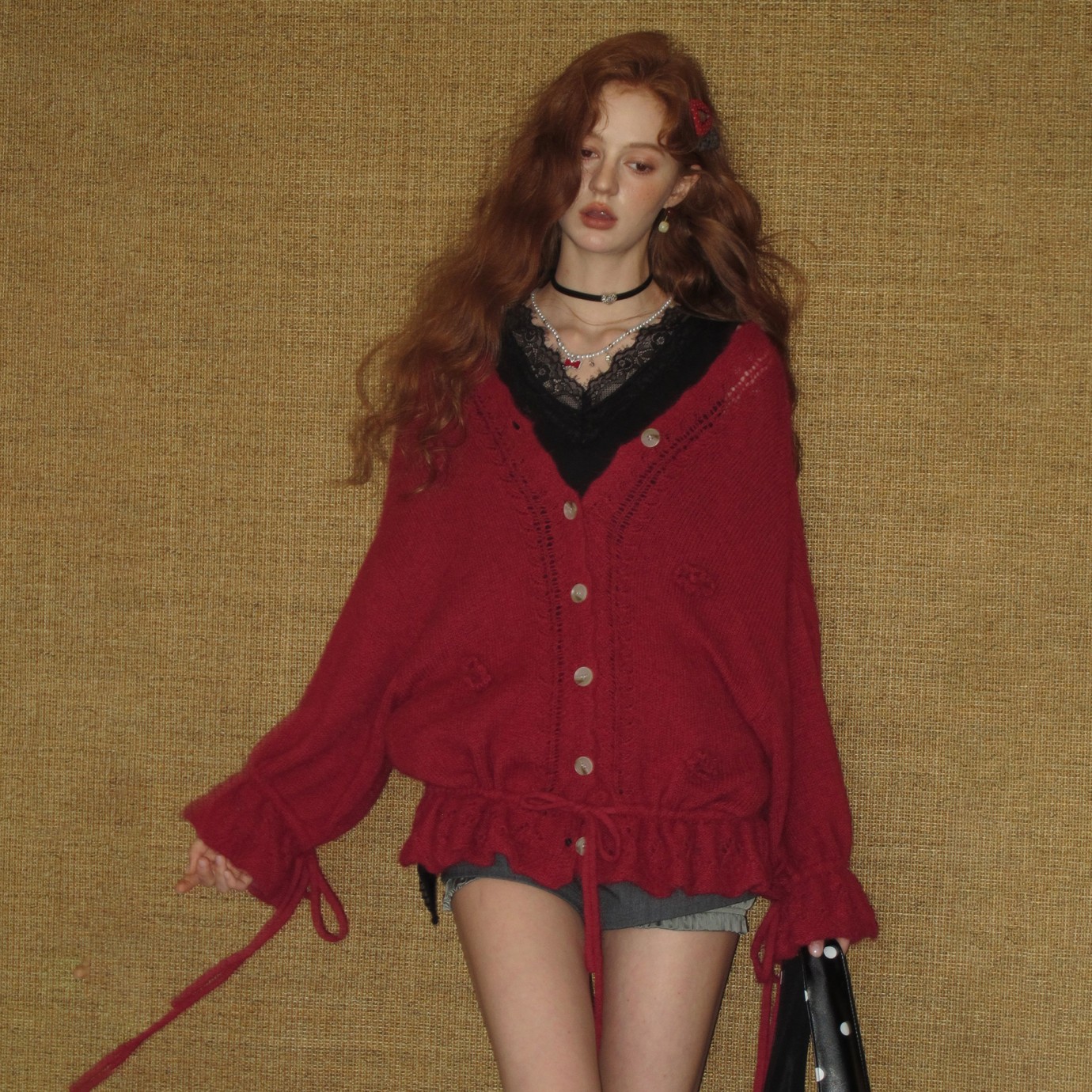 AsGony 25AW新款 v领花朵系带羊毛混纺针织开衫