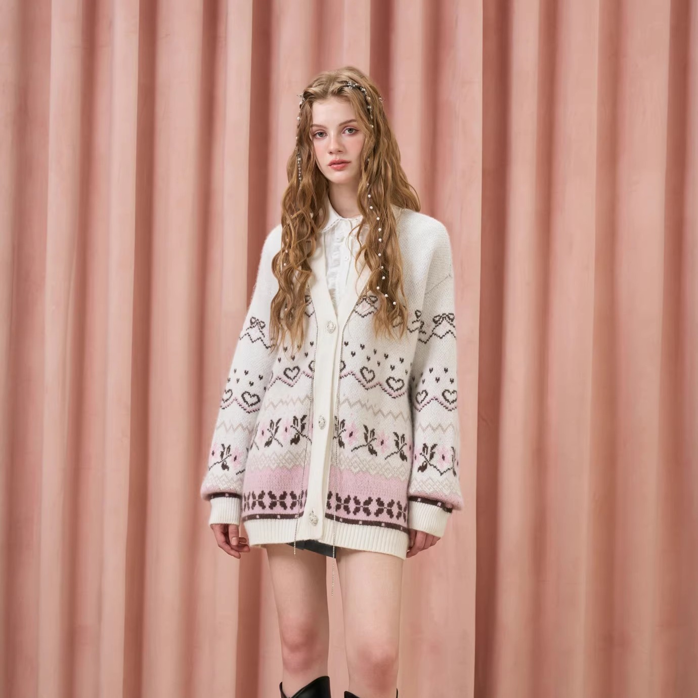 Three Quarters25AW 粉白绵羊毛费尔岛钻链毛衣开衫