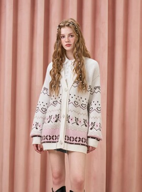 Three Quarters25AW 粉白绵羊毛费尔岛钻链毛衣开衫