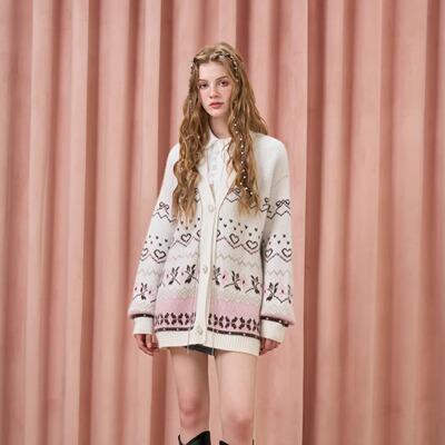 Three Quarters25AW 粉白绵羊毛费尔岛钻链毛衣开衫