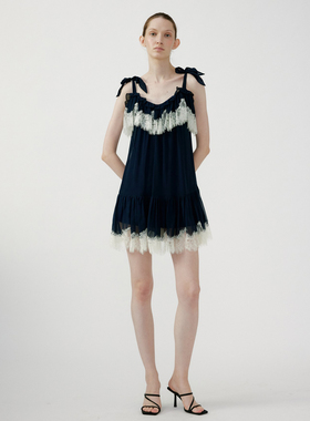 NONETONE 雾蓝真丝蕾丝拼接荷叶边饰吊带连衣裙