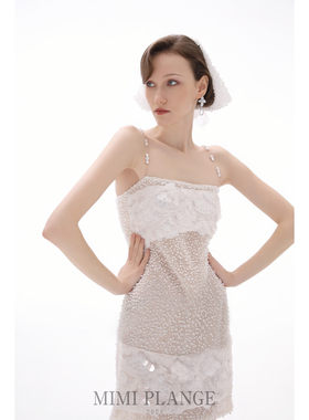 MIMI PLANGE25SS重工镂空烫钻刺绣人鱼绣片层次雾纱珍珠吊带裙