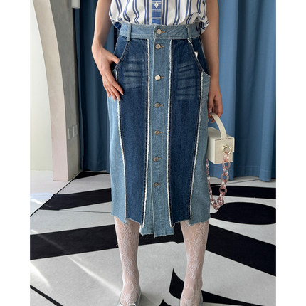 【清货折】SJYP 春夏无袖条纹衬衫时尚短款上衣牛仔拼接半身裙