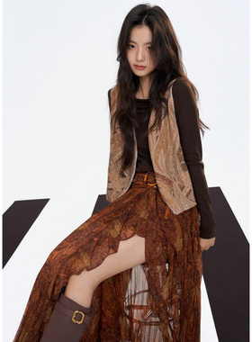 Aimme sparrow25FW 卡其纽扣纹理马甲棕色波西米亚半身裙