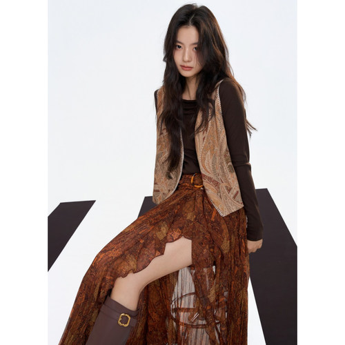 Aimme sparrow25FW 卡其纽扣纹理马甲棕色波西米亚半身裙