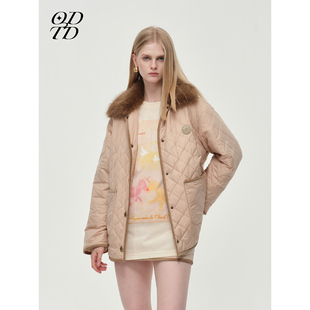 胶囊菱形绗棉可拆卸毛领宽松夹克外套女 ODTD25冬季 设计师女装