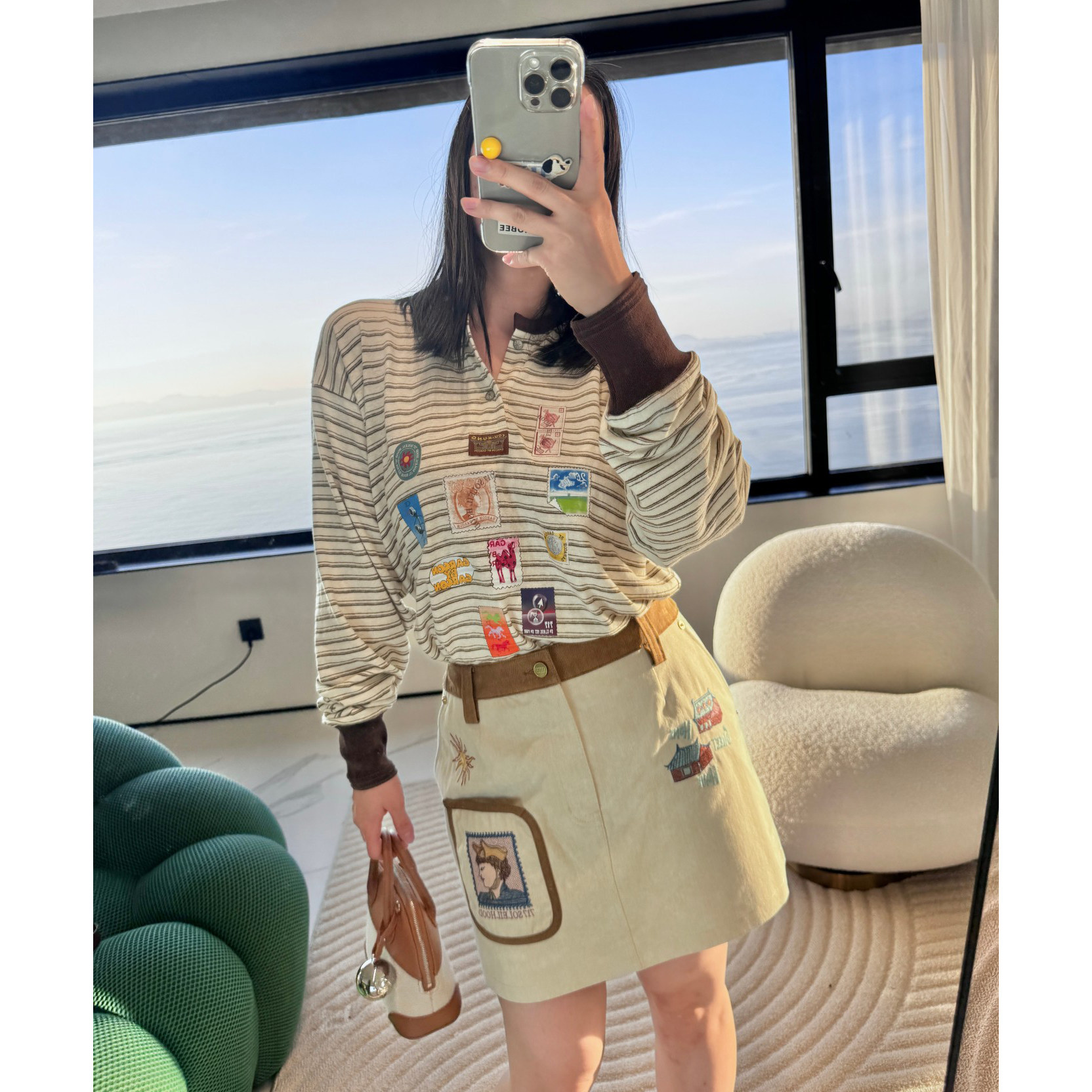 【清货折】GARCON BY GARCON  棉质邮票印花亨利领条 纹长袖TEE