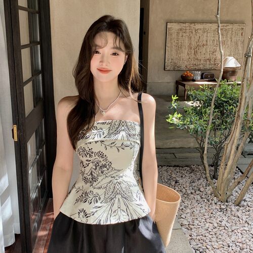 FOR WHY25SS赫本千金套装设计感印花抹胸显瘦小黑裙百搭半身裙