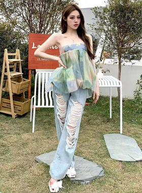 ARTE PURA 2024SS绿色印花抹胸花苞上衣蓝色珠串破洞牛仔裤