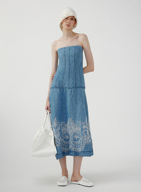 NONETONE Stitched Elegy缀影挽歌浅蓝色牛仔蕾丝花边吊带连衣裙