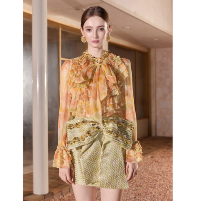 Wardrobes by chen25AW真丝金银丝顺纡千层花边衬衣蝴蝶结半裙