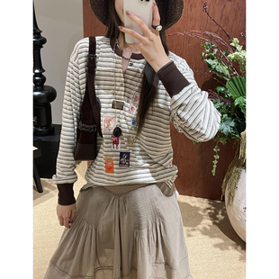 纹长袖 GARCON 棉质邮票印花亨利领条 25AW TEE