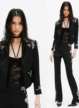 MARKGONG 26SS  走针绣装饰黑色修身西装 修身微喇裤 抹胸