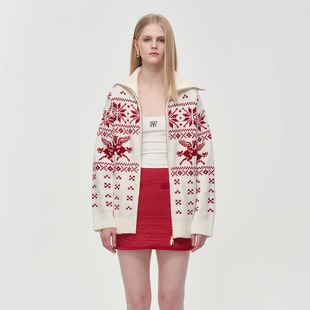 胶囊费尔岛节日提花翻领针织开衫 ODTD25冬季 上衣女 设计师女装