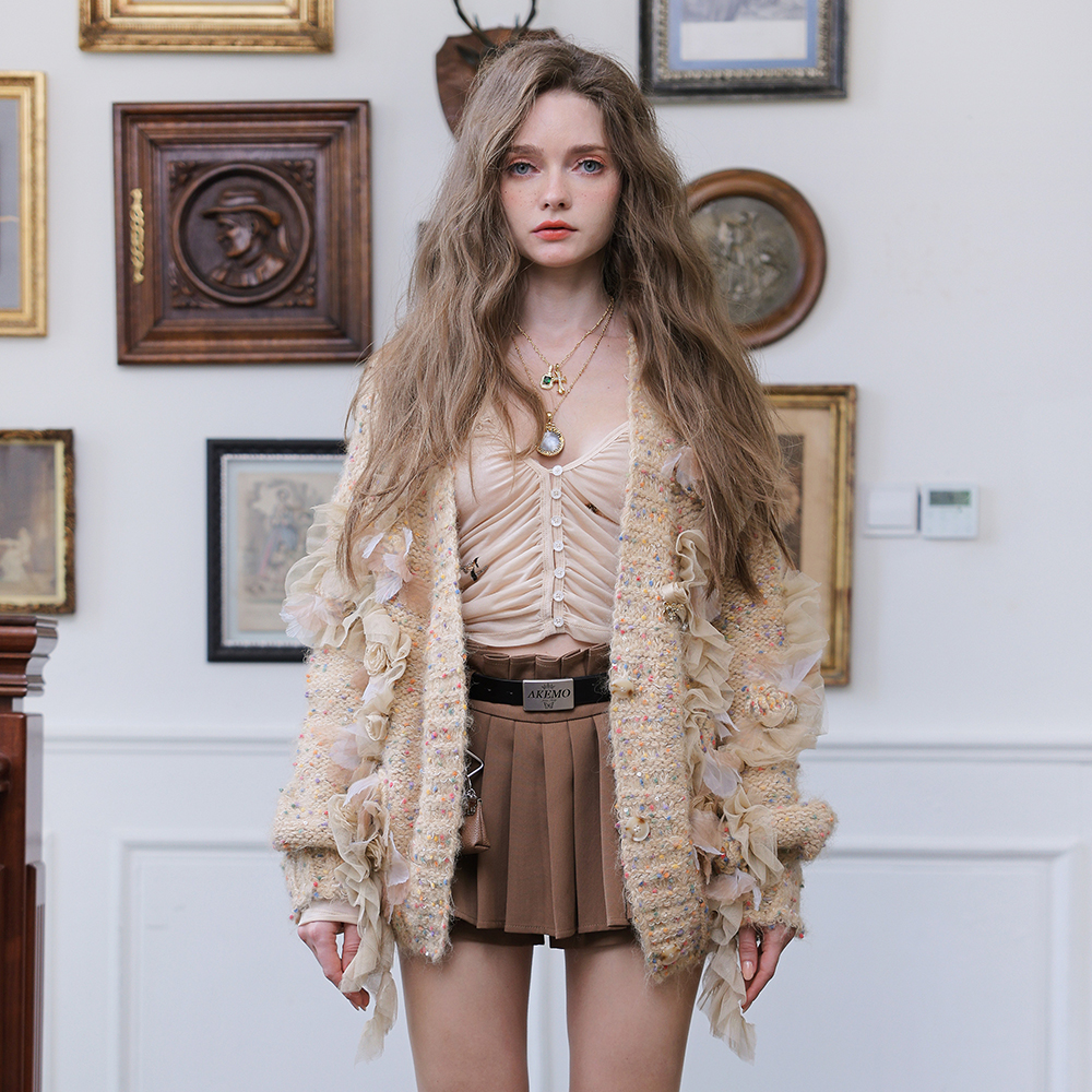 设计师AKEMO 针织衫女仙气立体花朵休闲百搭开衫