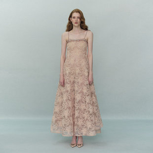 TENSION ARCHIVE手工亮片钻石钉珠织网纱花朵吊带大摆裙连衣裙