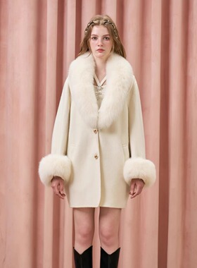 Three Quarters25AW 米色可拆卸毛领澳洲羊毛中长款大衣外套