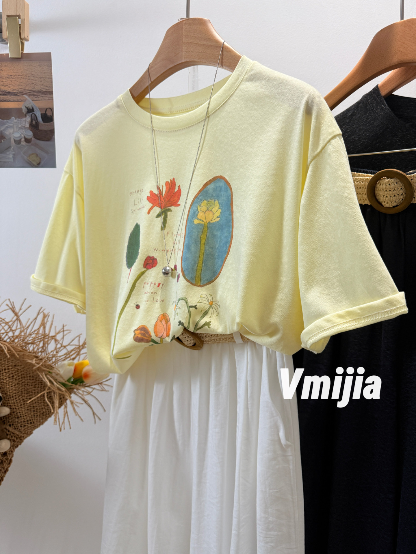 Vmijia 清新减龄短袖tee 韩国复古印花软糯纯棉百搭宽松短袖T恤女