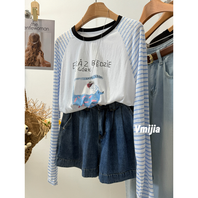 韩系卡通印花条纹插肩袖防晒T恤