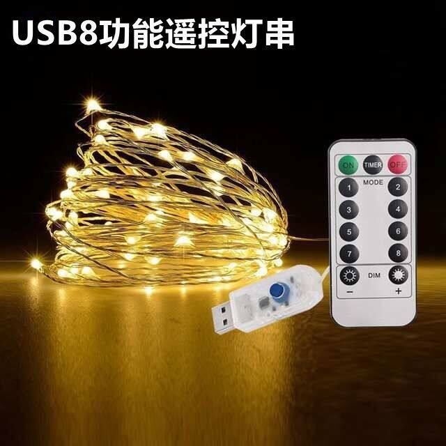 节日八功能遥控LED铜线灯串