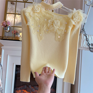巨好看秋冬性感挂脖重工钉珠立体花朵针织衫女修身显瘦打底衫毛衣