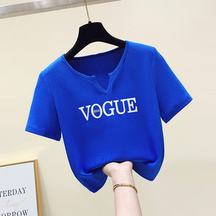 V领克莱因蓝纯棉短袖 T恤女设计感小众短款 新款 夏季 高腰ins上衣潮
