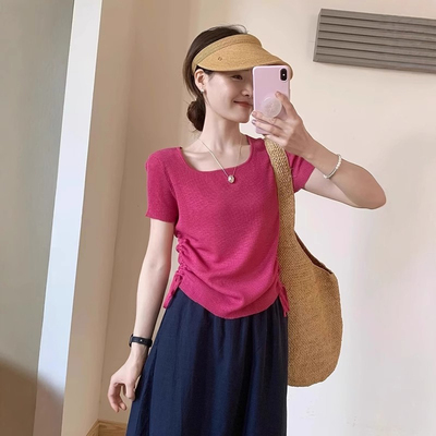 玫粉色方领抽绳冰丝针织短袖t恤