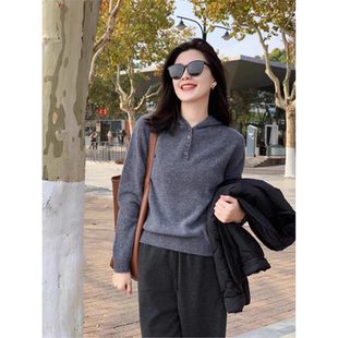 上衣 休闲显瘦毛衣内搭帽衫 韩系灰色连帽针织打底衫 女2025秋冬新款