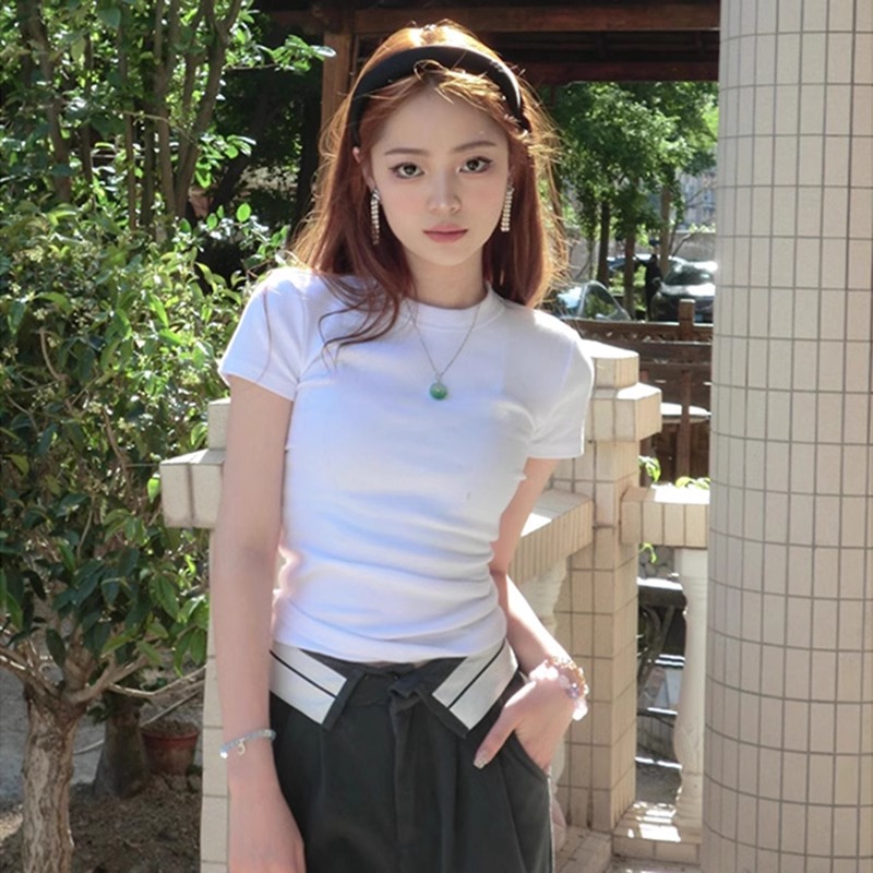 2025夏季新款白色辣妹正肩修身短袖t恤女装短款高腰上衣白色体恤