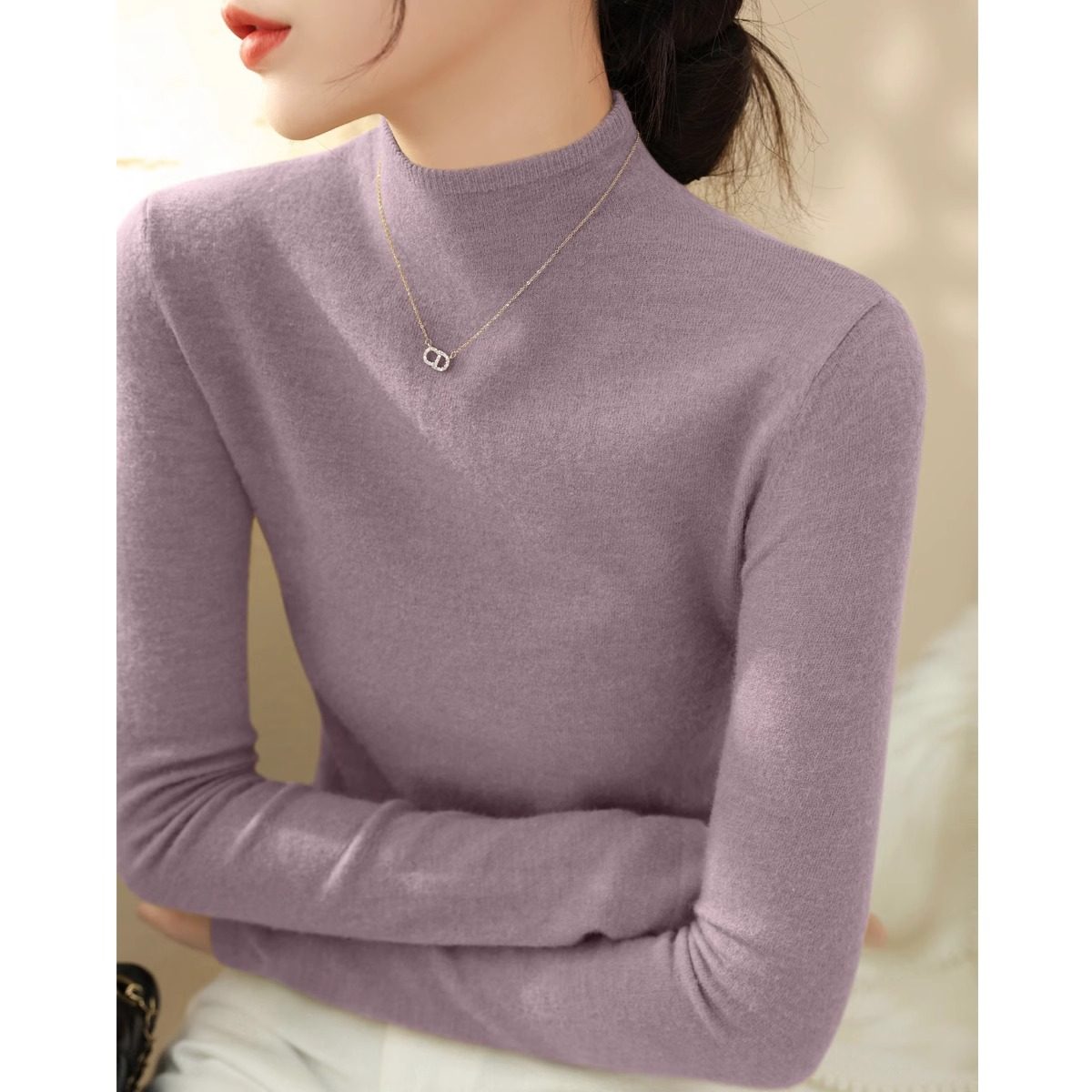 高级感紫色半高领长袖内搭针织毛衣女士秋冬修身超好看流行打底衫,女装/女士精品,毛针织衫,淘宝优惠券,粉丝福利购,淘宝优惠卷