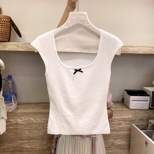 蝴蝶结针织吊带背心女短款 U领露锁骨小飞袖 内搭上衣 新款 2025夏季