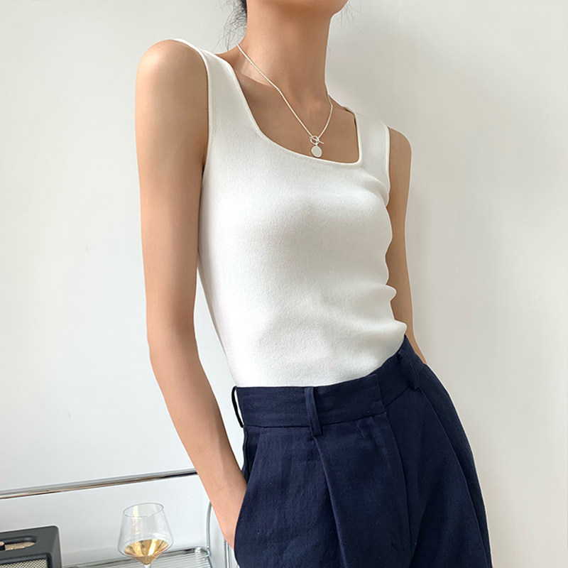港风复古修身背心吊带女上衣夏季新款外穿方领无袖针织内搭打底衫