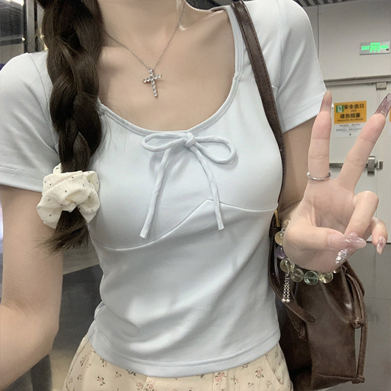 韩版修身甜美糖果色系带显瘦百搭短袖T恤女2026夏新款超好看上衣