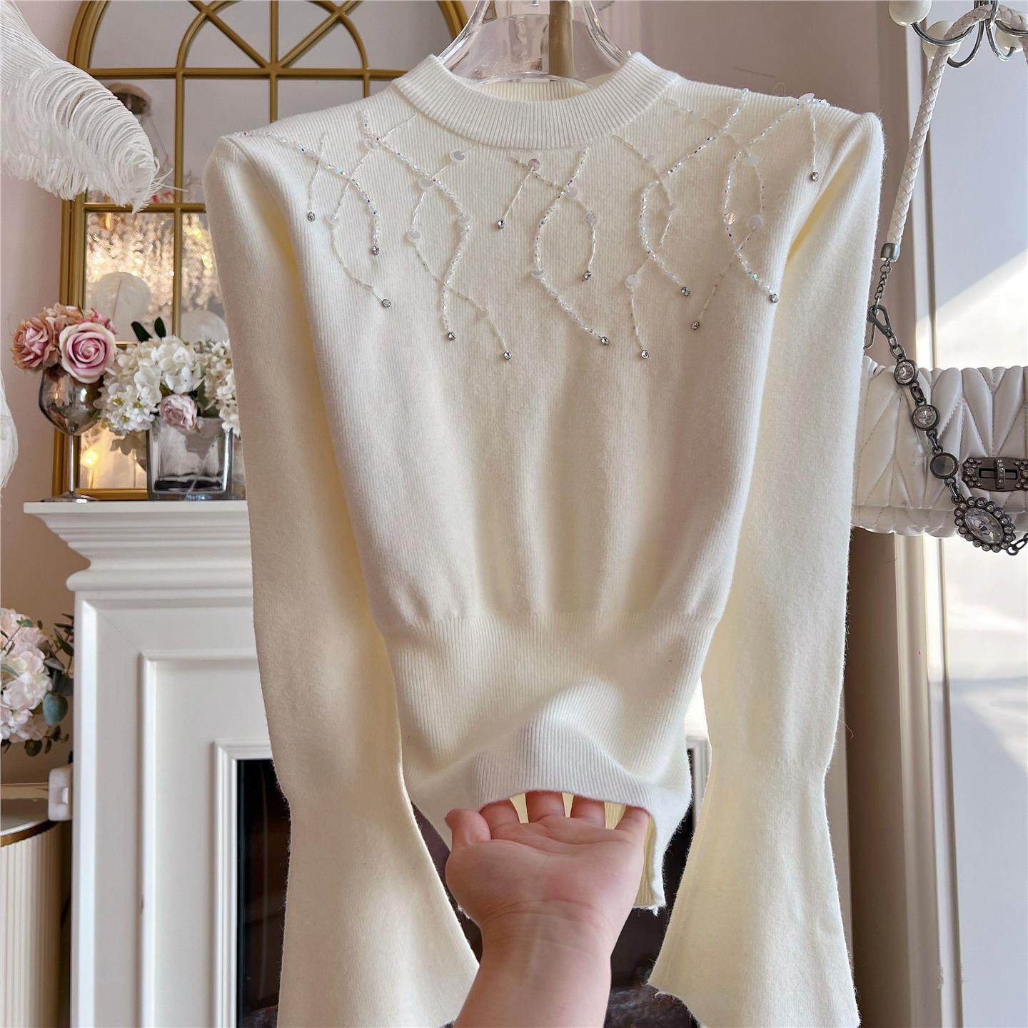 羊绒白色针织衫女2026春季新款重工亮片喇叭袖温柔风宽松别致毛衣,女装/女士精品,毛针织衫,淘宝优惠券,粉丝福利购,淘宝优惠卷