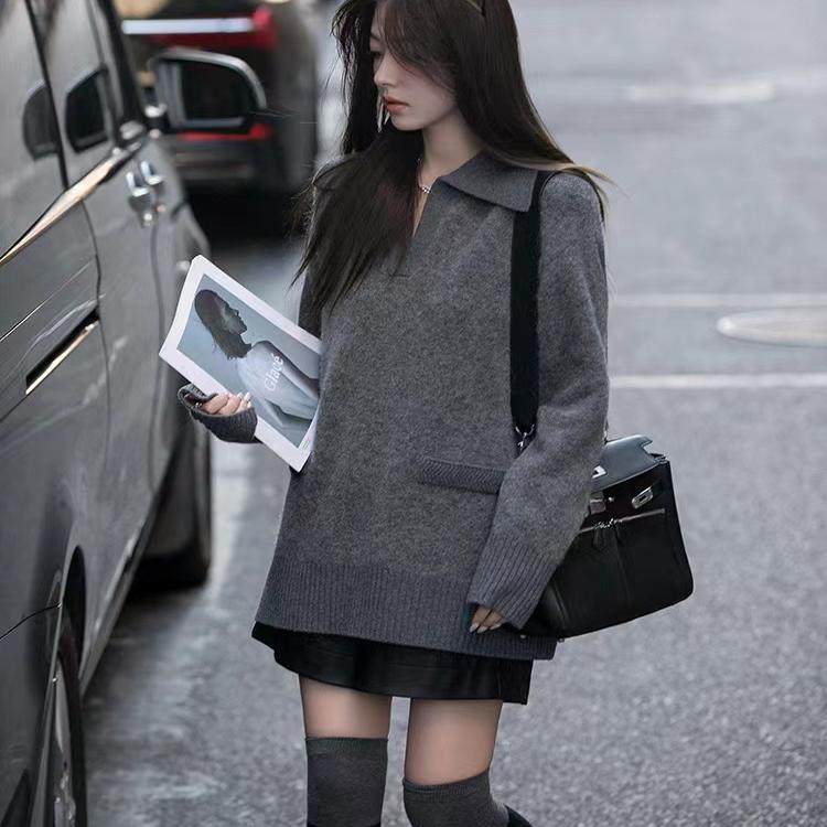 100%纯羊毛衫女秋冬新款Polo领纯色中长款针织羊毛百搭宽松毛衣