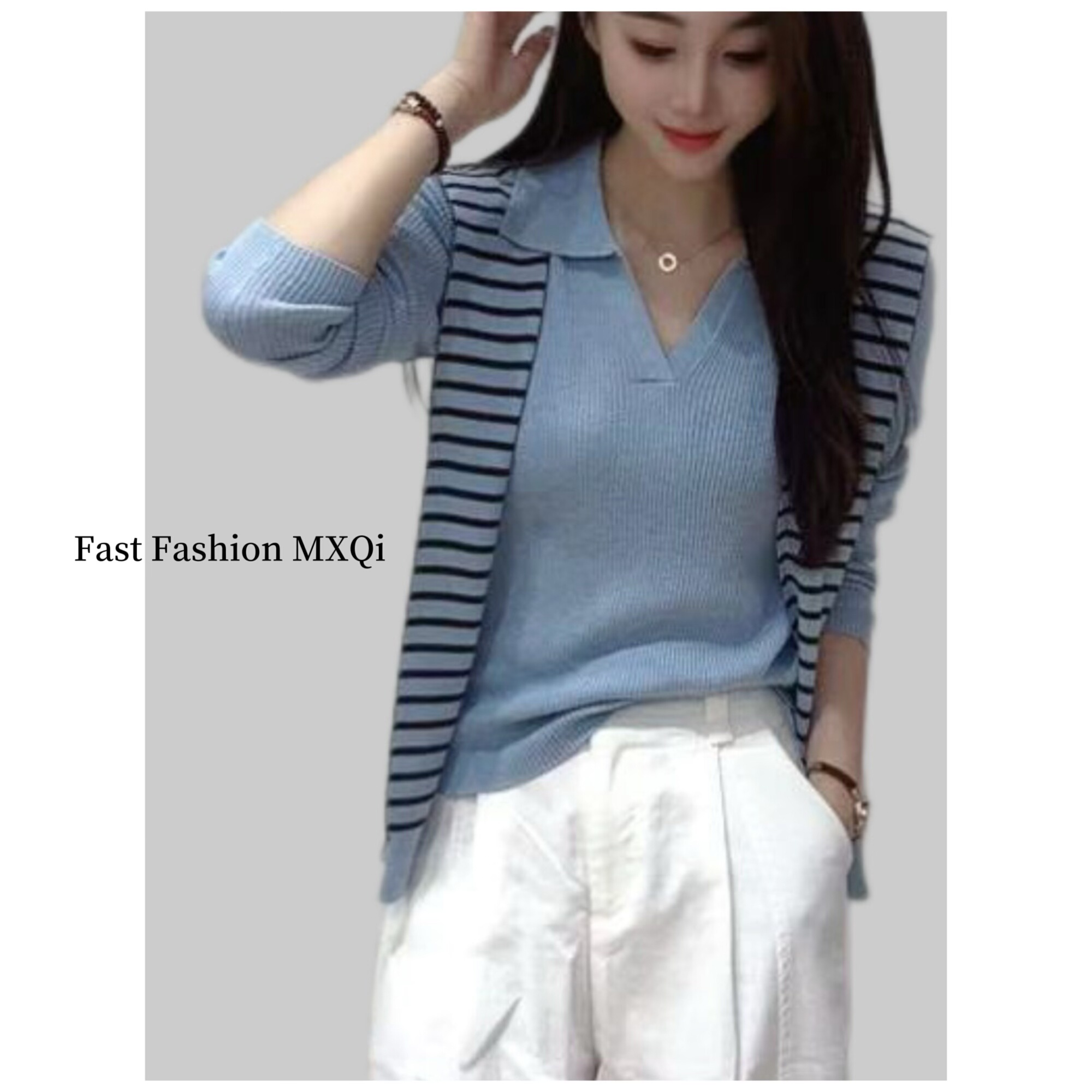 2026早春新款条纹披肩Polo领针织衫女毛衣长袖洋气韩版针织上衣