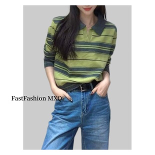 绿色韩版Polo领针织衫女学院风休闲百搭洋气时尚毛衣套头针织上衣