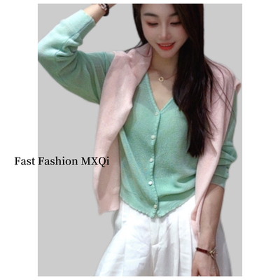 2026春新款韩版时尚针织开衫女毛衣长袖V领优雅气质修身针织上衣