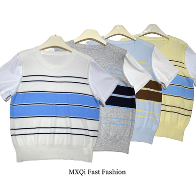 夏季新款韩版条纹圆领针织衫女显瘦百搭气质学院风时尚针织上衣