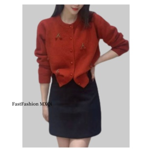 小樱桃灰色针织开衫女2025秋冬百搭洋气时尚小香风短款毛衣外套厚