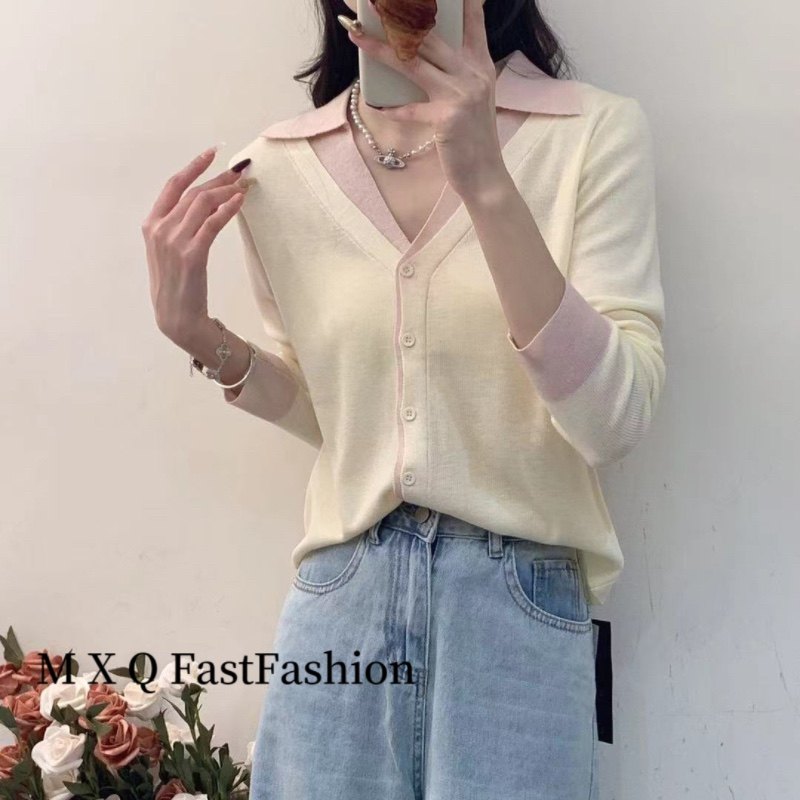 简约韩系设计感拼色假两件长袖针织开衫外套女2026POLO领针织上衣