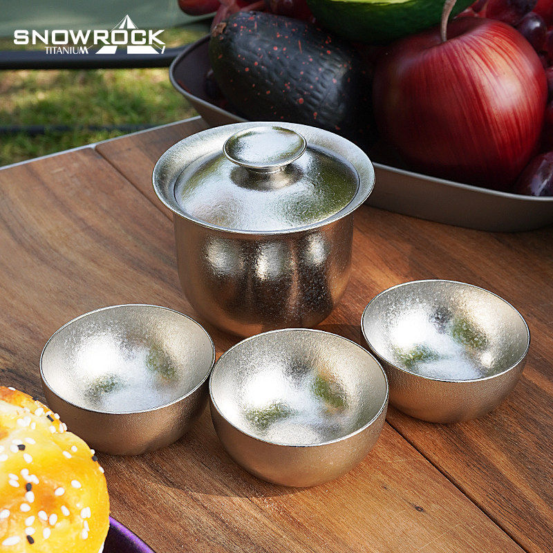 SNOW ROCK 纯钛茶杯套装户外便携水杯一盖碗三杯高端轻便