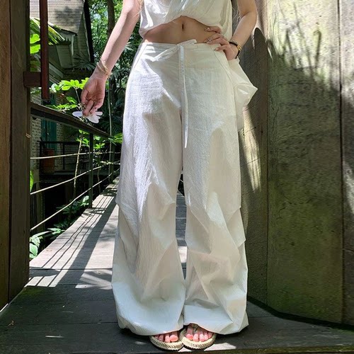 日系慵懒风薄款速干阔腿长裤松紧抽绳腰褶皱设计感垂坠休闲伞兵裤