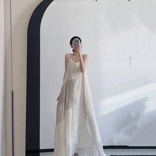 文艺风吊带连衣裙女V领口不规则拼接设计长款大裙摆飘带宽松长裙